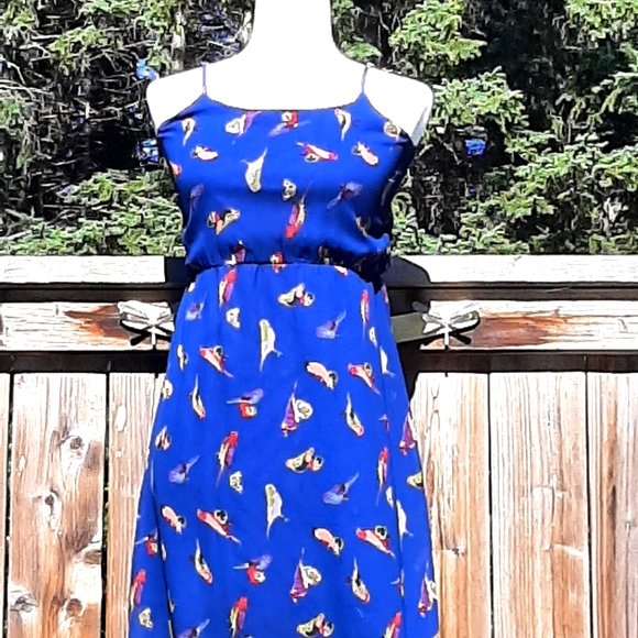 👗3/25& 👗Blue Maxi Dress with Colorful Birds - Picture 4 of 7
